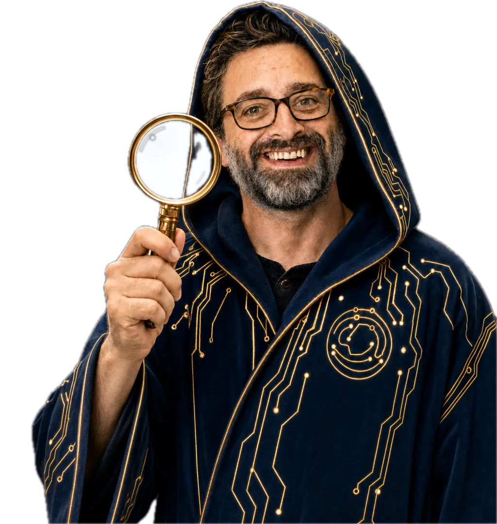 Chris Bolton as a cheerful SEO wizard in a hood, holding up a glowing magnifying glass