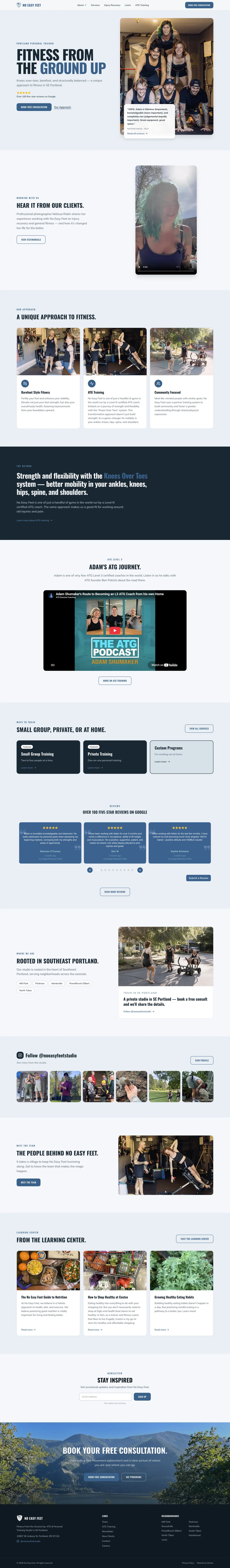 Full-length screenshot of the No Easy Feet homepage, from the hero through services, reviews, and the Learning Center