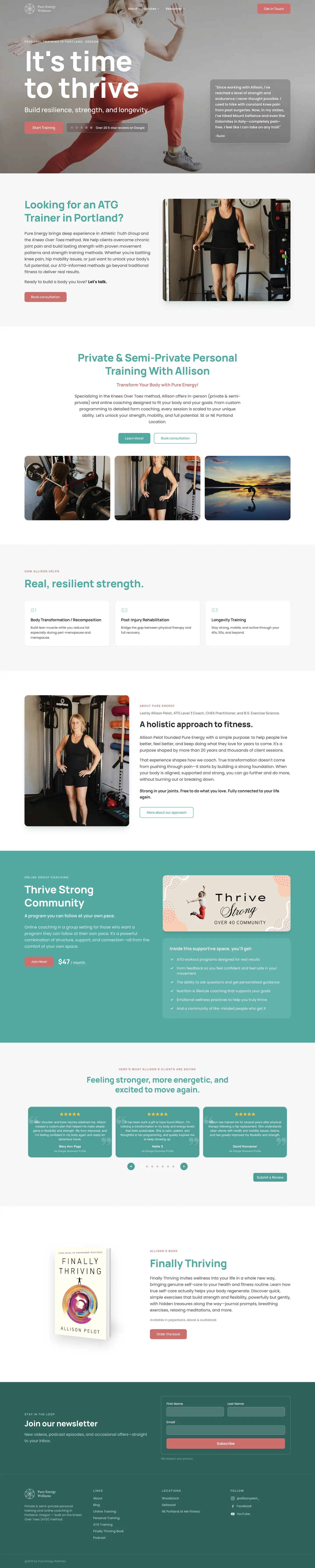 Full-length screenshot of the Pure Energy Wellness homepage, from the hero through ATG training, online coaching, reviews, and Allison's book